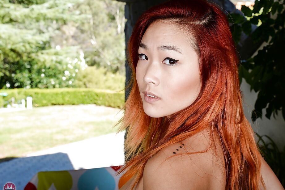 16P Sexy Asian redhead babe Lea Hart dropping panties to expose shaved vagina