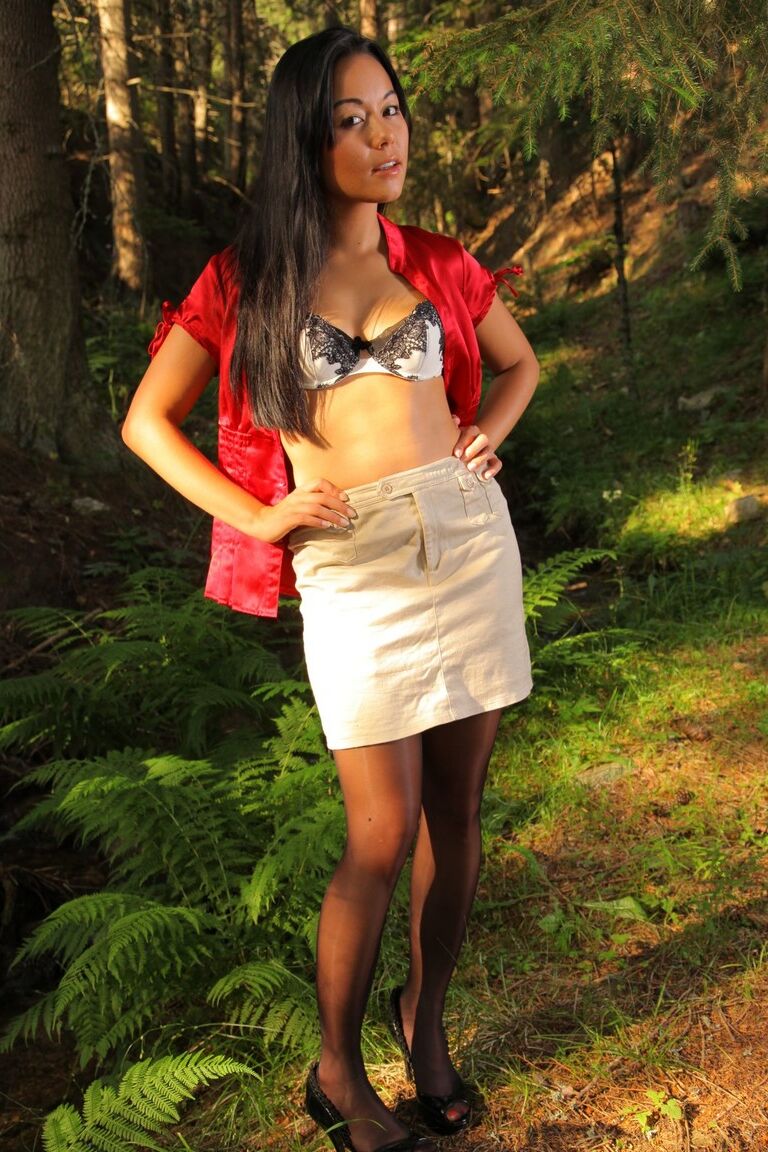 21P Black haired Asian sweetie Lily S exposes her tiny body in lacy garter belt