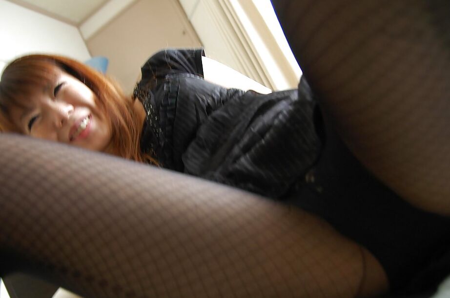 16P Asian MILF in pantyhose undressing and exposing her hairy twat in close up
