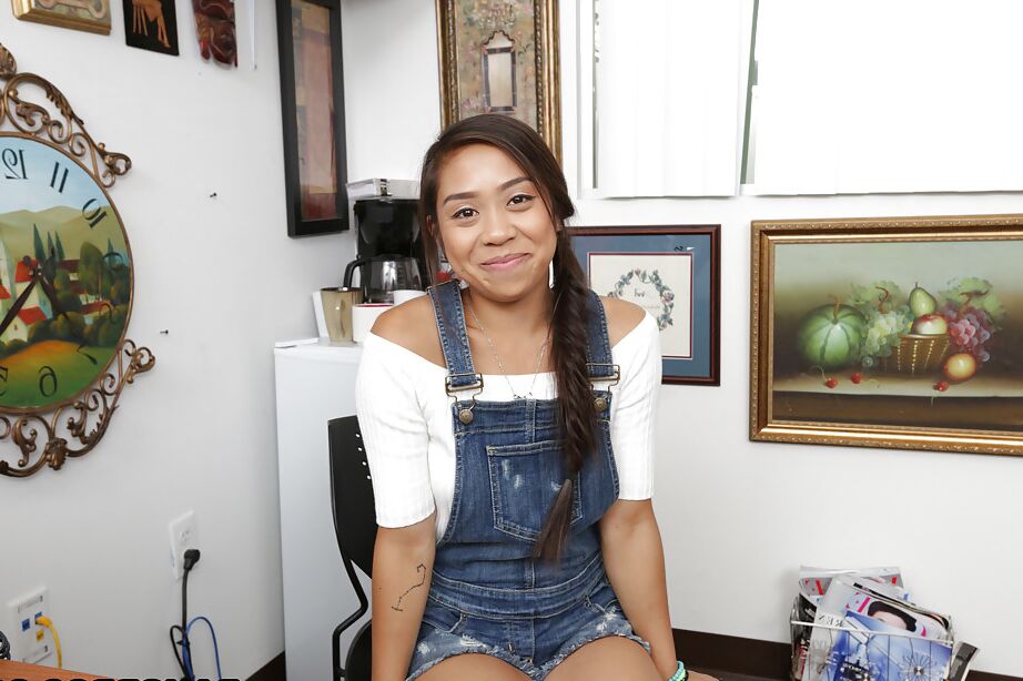16P Cute Asian first timer Lucy Li showing off toned thong clad ass cheeks