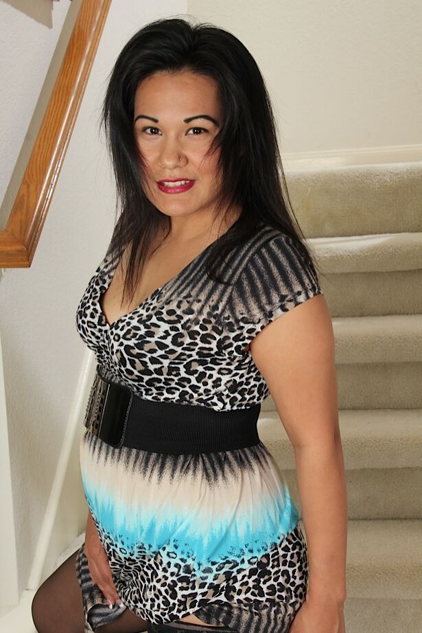 16P Black stocking Asian babe Susie Jhonson enjoys teasing her tiny tits
