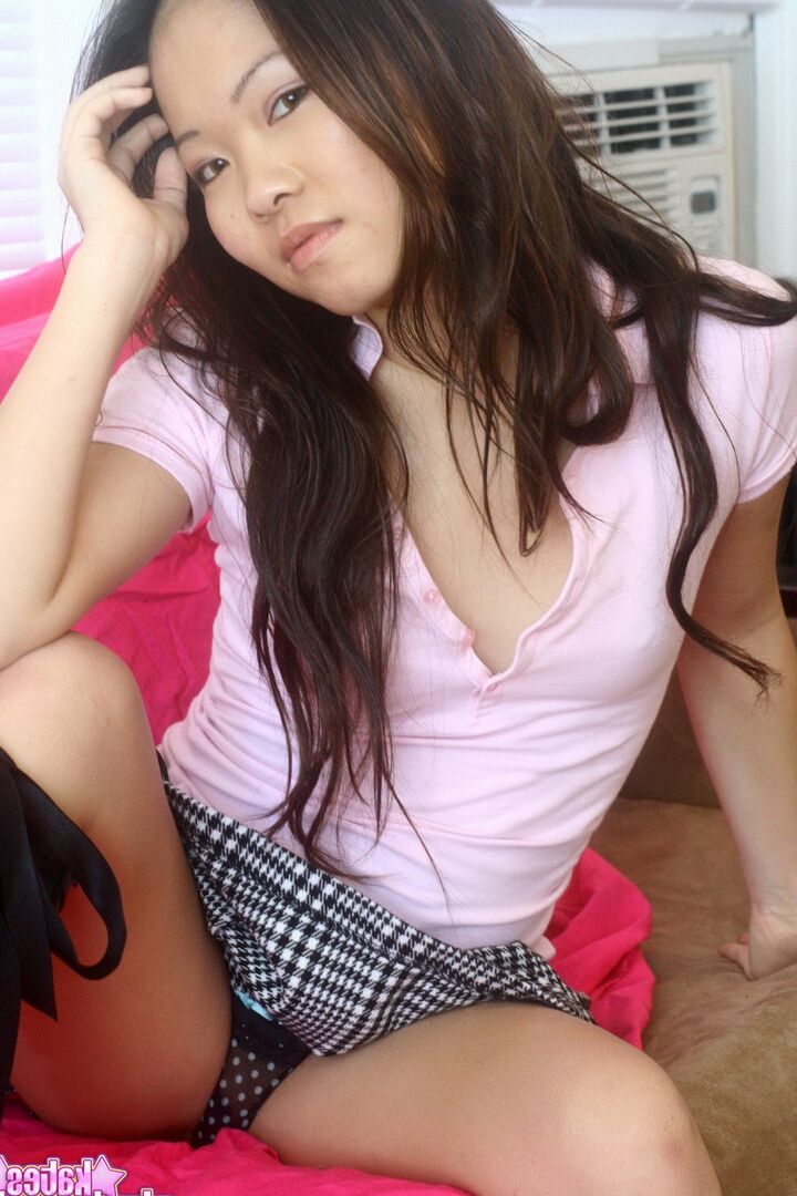 12P Tiny Asian girlfriend Grace strips short skirt off and poses in a g-string