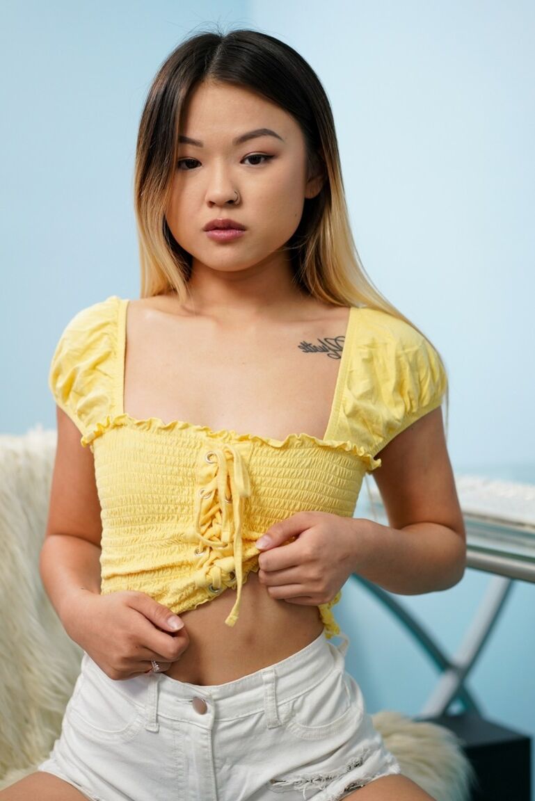 15P Petite Asian girl licks the ball sac while blowing a small cock