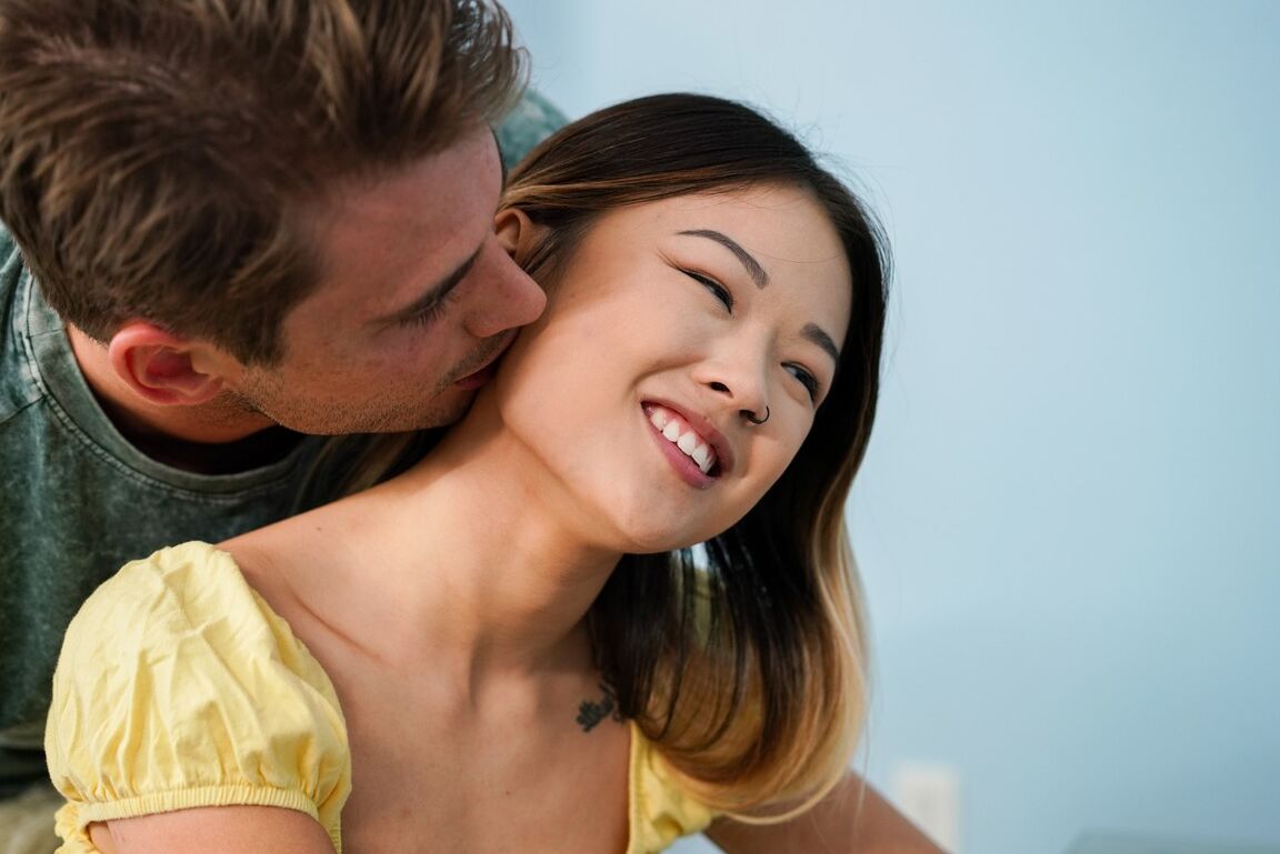 15P Petite Asian girl licks the ball sac while blowing a small cock