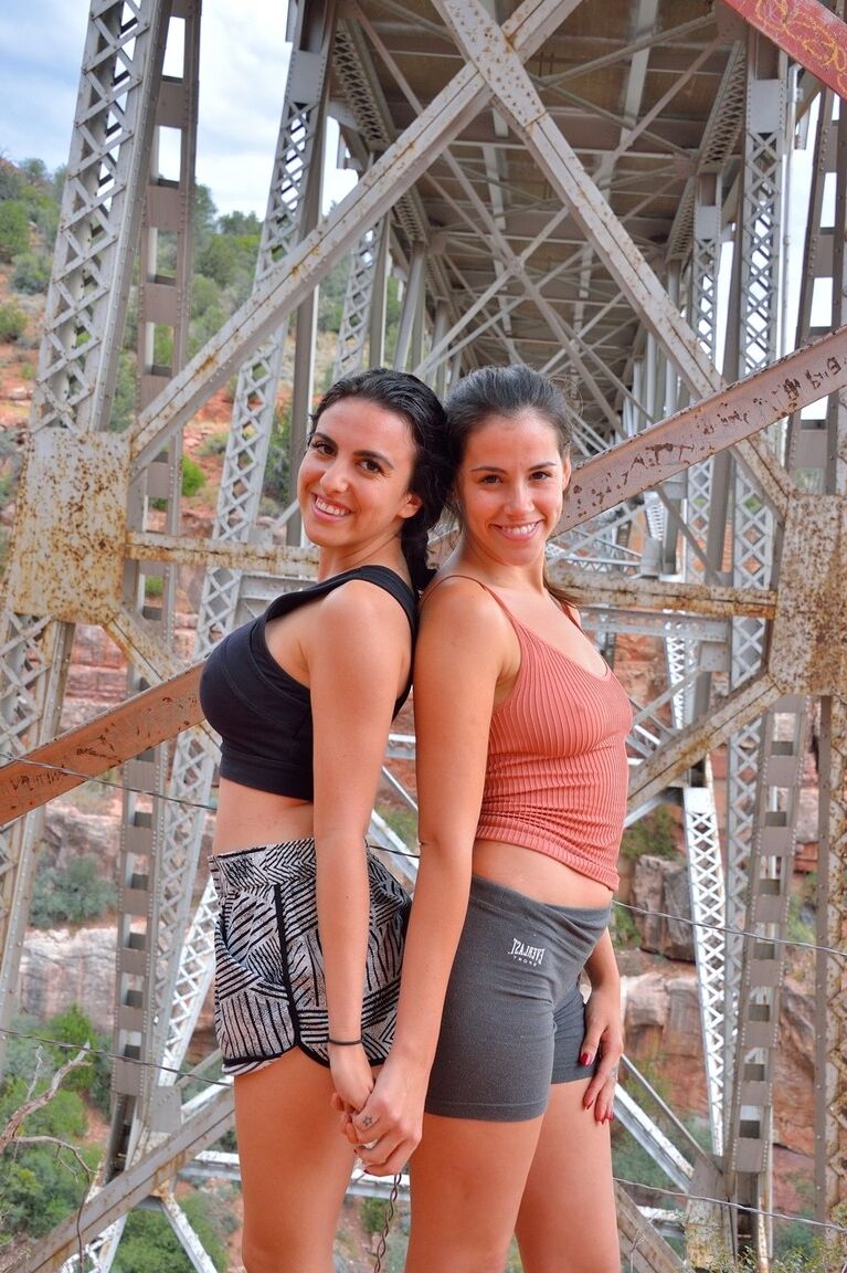 21P Amateur babe Saraya strips and poses naked with her busty friend in public