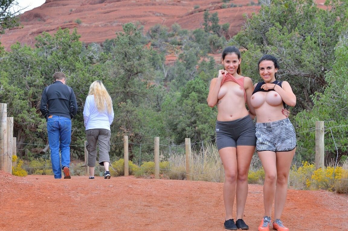 21P Amateur babe Saraya strips and poses naked with her busty friend in public