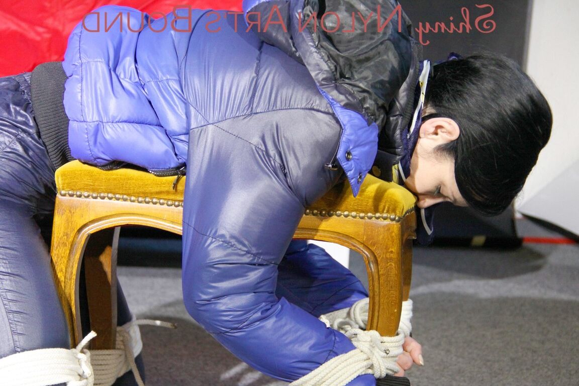 16P DESTINY wearing sexy shiny nylon rain pants and a down jacket hogtied and