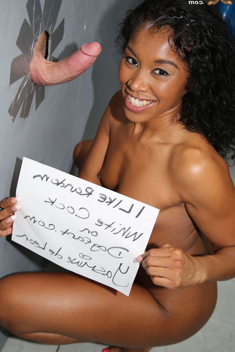 21P Dark-skinned whore Yasmine De Leon blows white cock through gloryhole