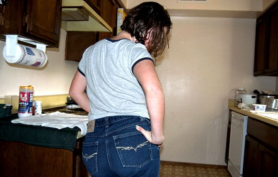 16P Asian first timer sliding panties and jeans over ass for hairy cunt viewing