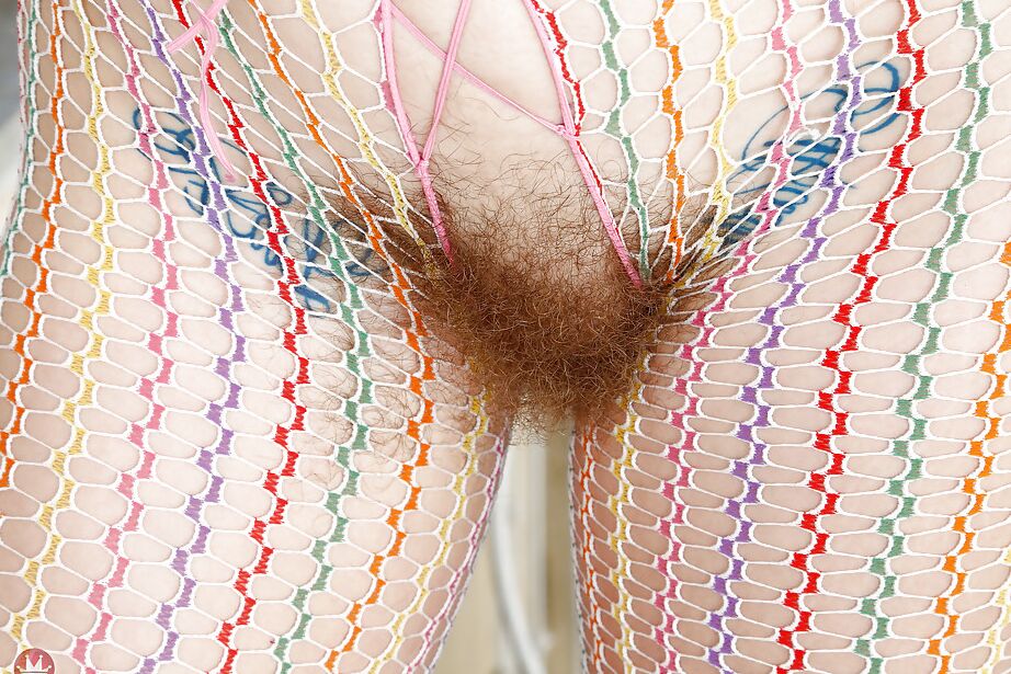 16P Curly older redhead Leona parting hairy vagina in bodystocking