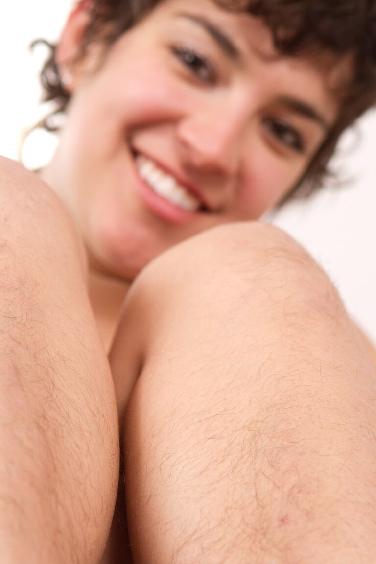 21P Short haired girl Bianca strips off and teases with her hairy crotch