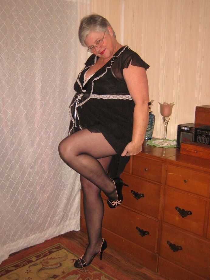 20P Overweight nan Girdle Goddess strips to her footwear in front of a dresser