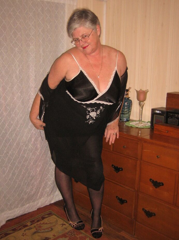 20P Overweight nan Girdle Goddess strips to her footwear in front of a dresser