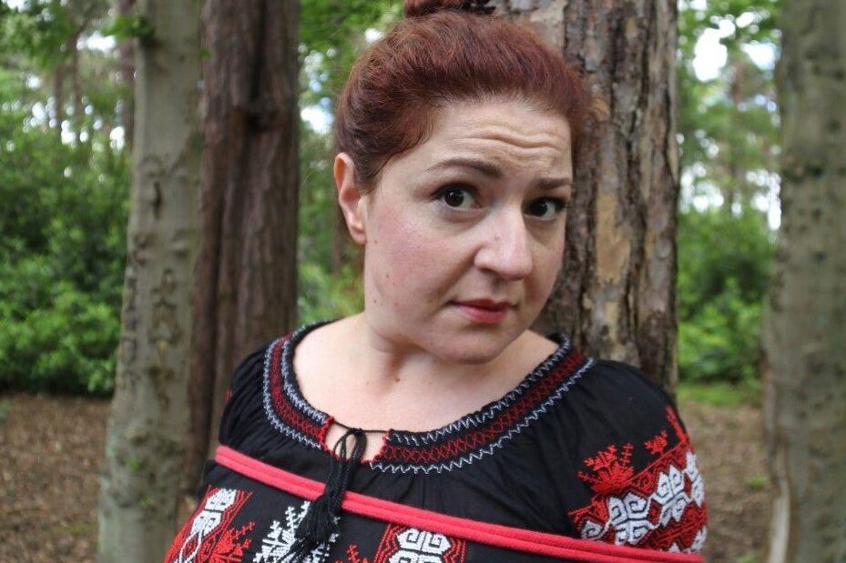 16P Thick redhead is cleave gagged and tied to a tree in a forest