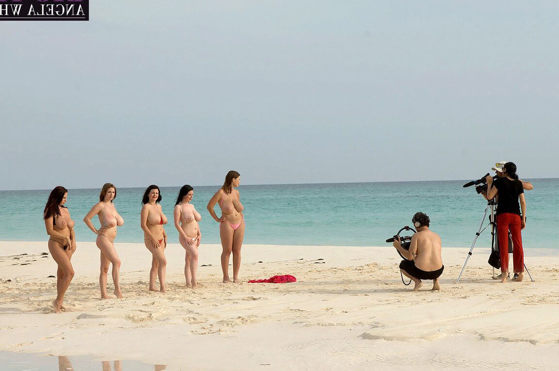 16P Sexy fatty Angela White strips bikini to show massive saggy tits at the beach