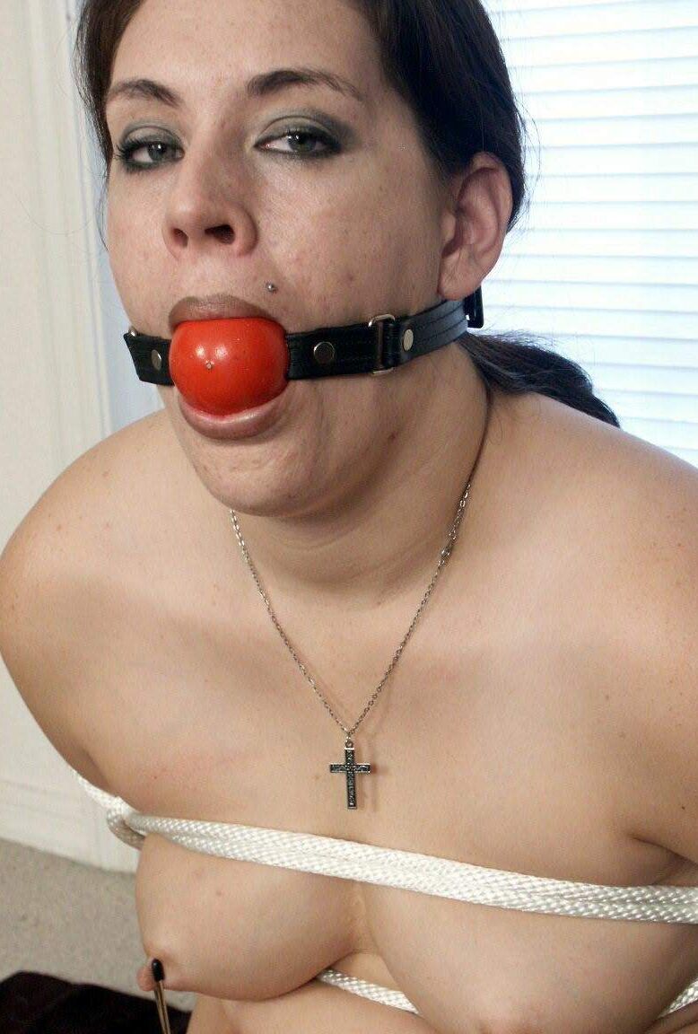 10P Chubby female sports a ball gag and nipple clamps while tied up in her panties