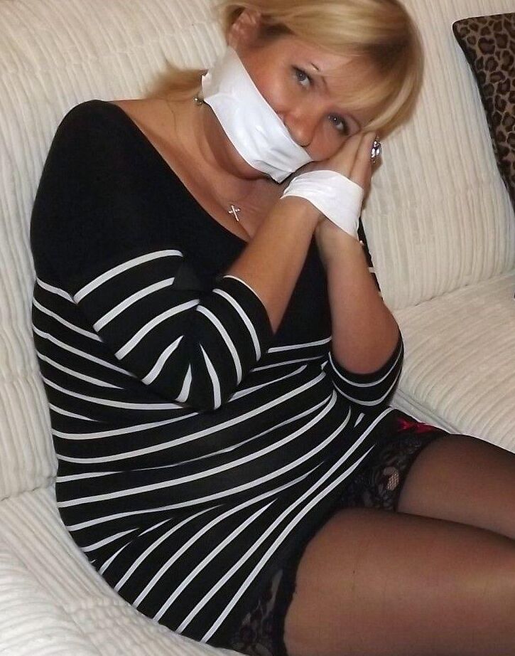 16P Fat older blonde displays her large tits while tied up and cleave gagged