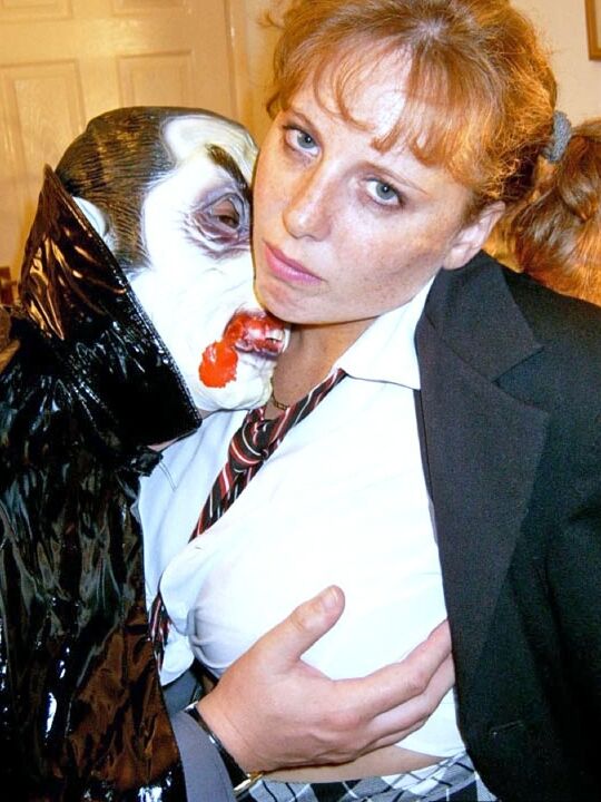 20P UK redhead Curvy Claire blows a man that is dressed as Dracula for Halloween