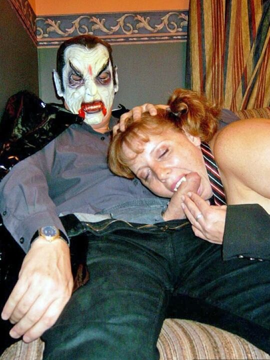 20P UK redhead Curvy Claire blows a man that is dressed as Dracula for Halloween