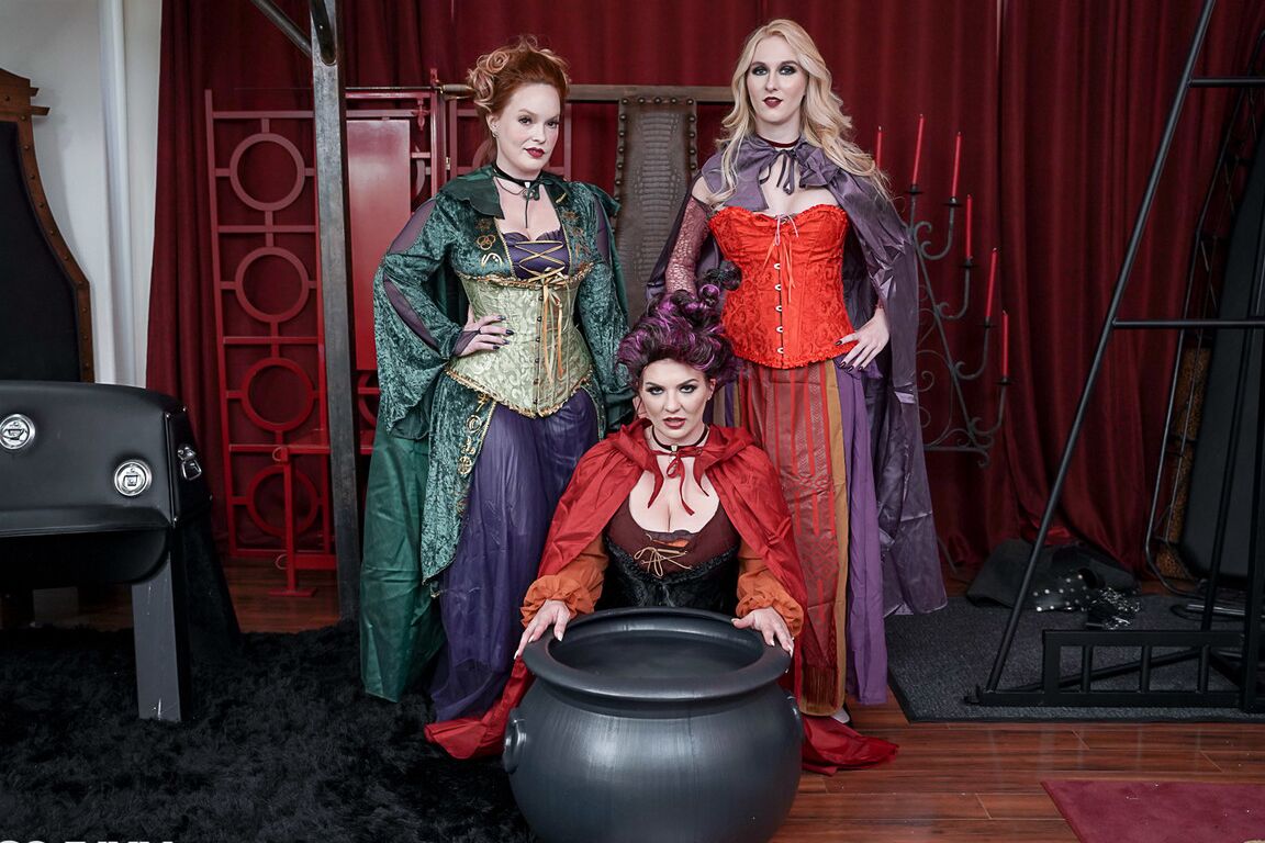 21P Witchy MILF beauties have a with a male slave in a Hocus Pocus parody foursome