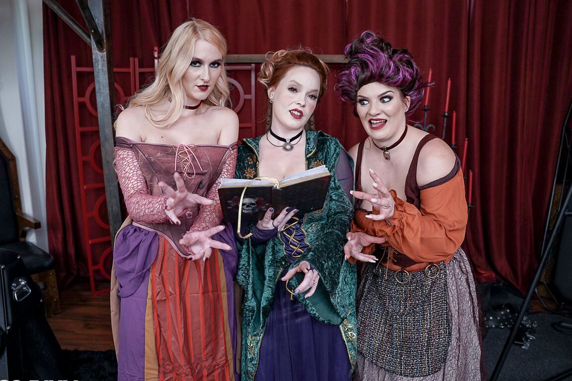 21P Witchy MILF beauties have a with a male slave in a Hocus Pocus parody foursome