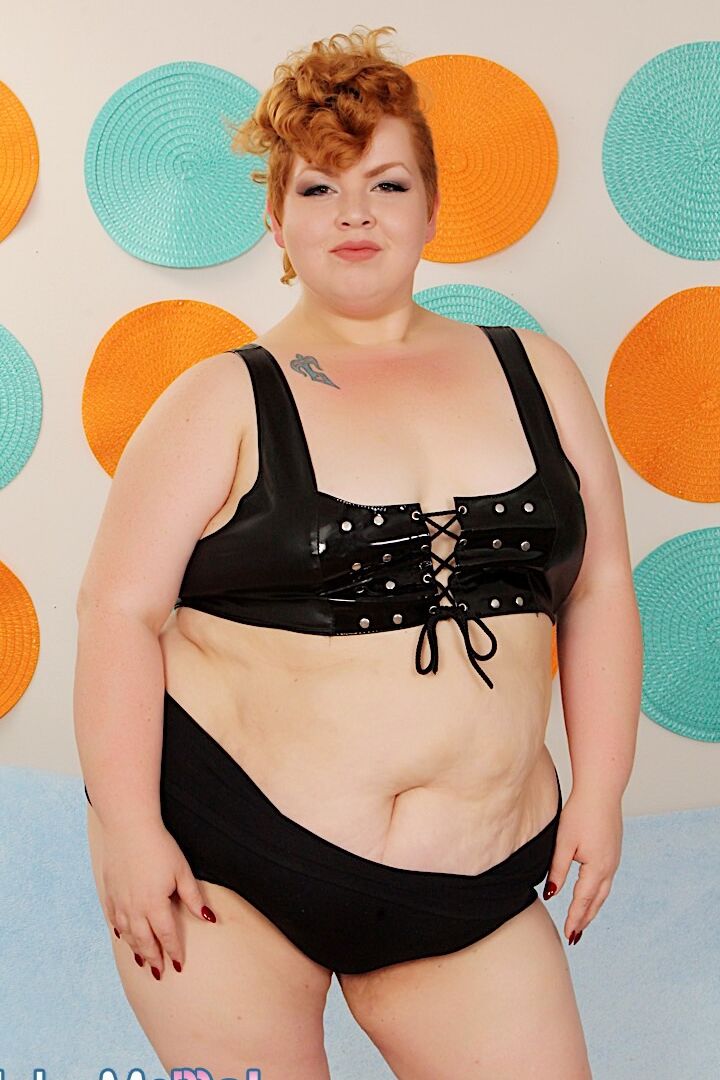 16P Obese redhead Velma Voodoo gets naked in heels before blowing two men