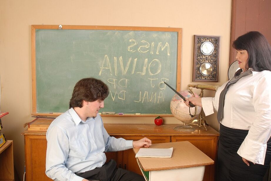 16P Brunette fatty Olivia tucking her student in classroom for grades