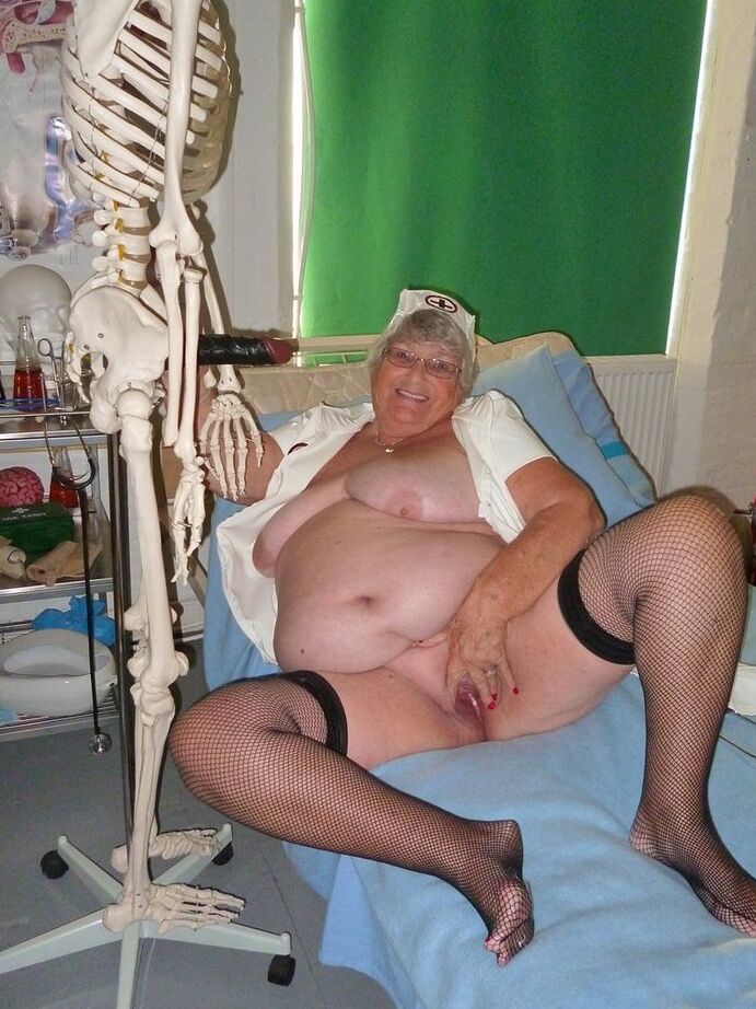 20P Fat old nurse Grandma Libby attaches a dildo to a skeleton for sexual relief