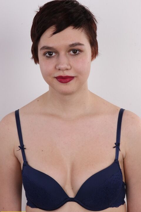 20P Chubby girl with short hair and red lips gets naked for the first time