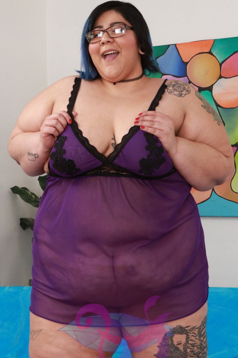 15P Fat broad in glasses Crystal Blue strips and flaunts her curvy body