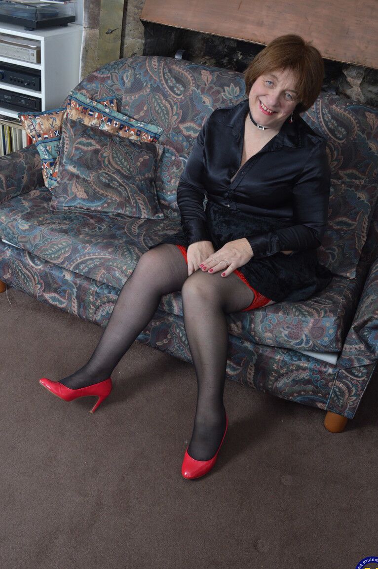 21P Chubby granny Janet Wilson strips to her nylon stockings and masturbates