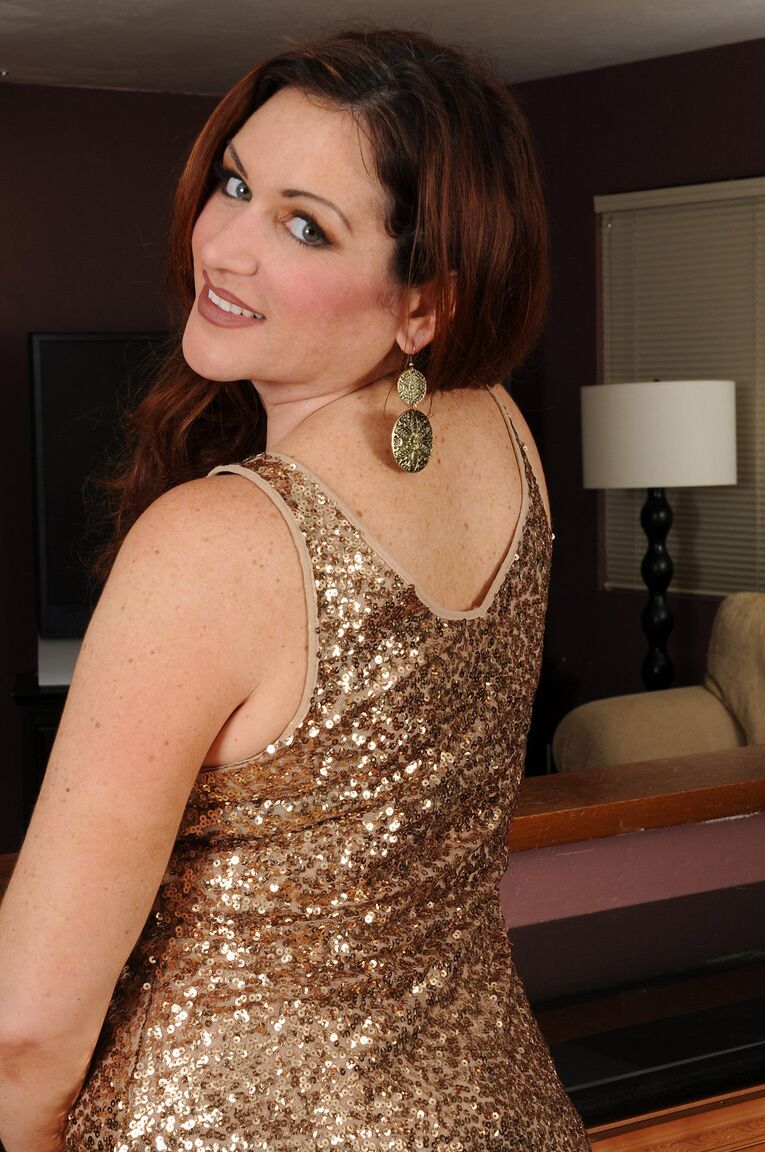 21P Brunette Ryan strips her elegant dress and flaunts her bubble ass and big tits