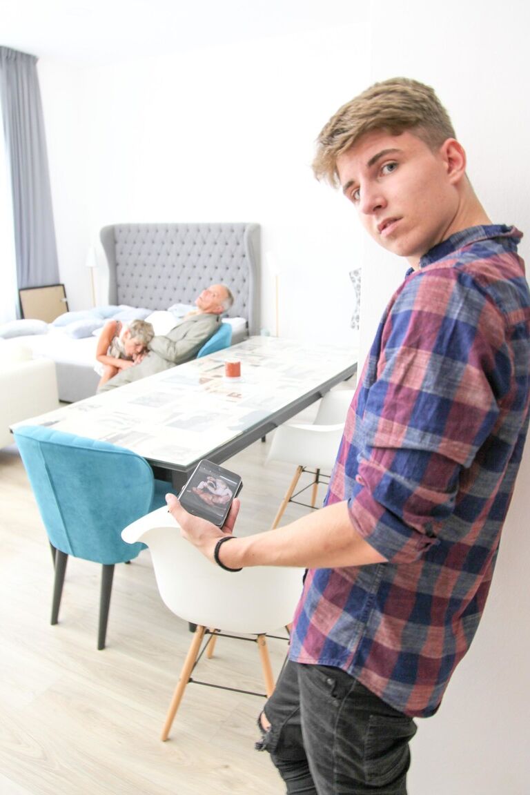 21P Naughty grandpa fucks an MILF while his grandson & their pregnant maid watch
