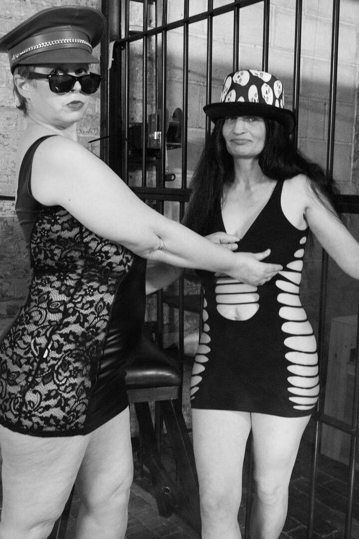 16P British fatty Posh Sophia models fetish wear in and out of a jail cell
