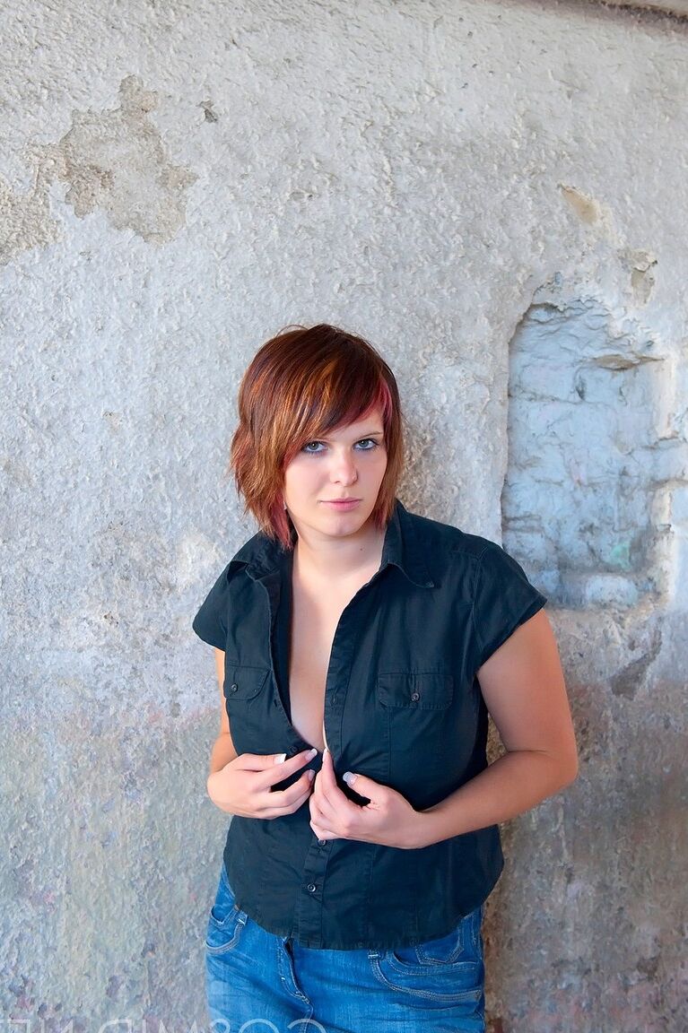 16P Sexy chubby Nika in short skirt unbuttons shirt to unveil her big saggy tits