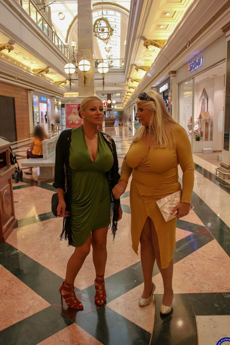 21P Chubby MILFs Alexa Blun & Musa Libertina pose in public in their sexy dresses