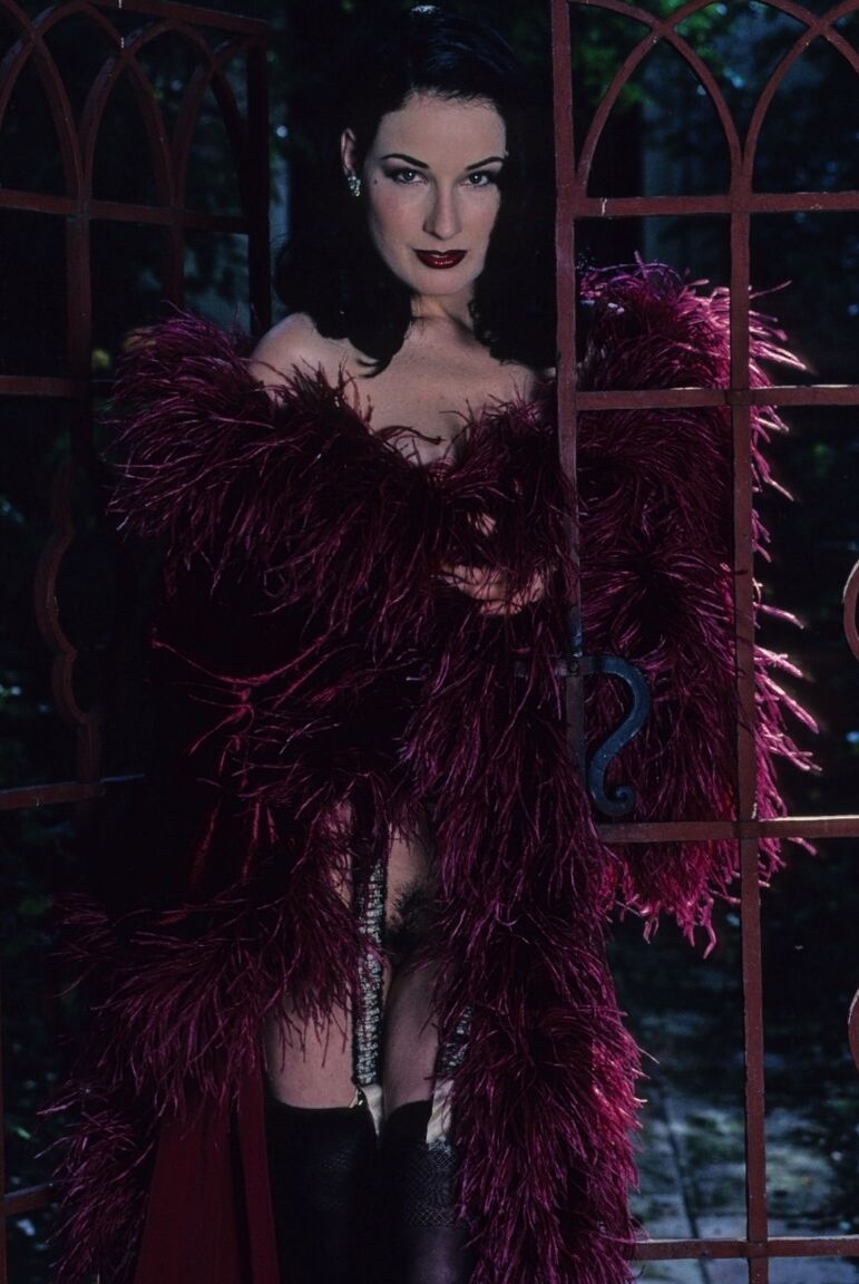 17P Morena madura com peitos falsos Dita Von Teese posa nua ao ar livre
