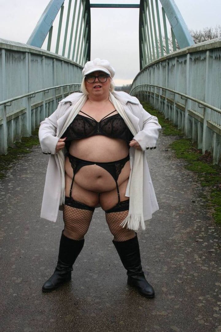 16P Fat British woman Lexie Cummings exposes herself on a pedestrian bridge