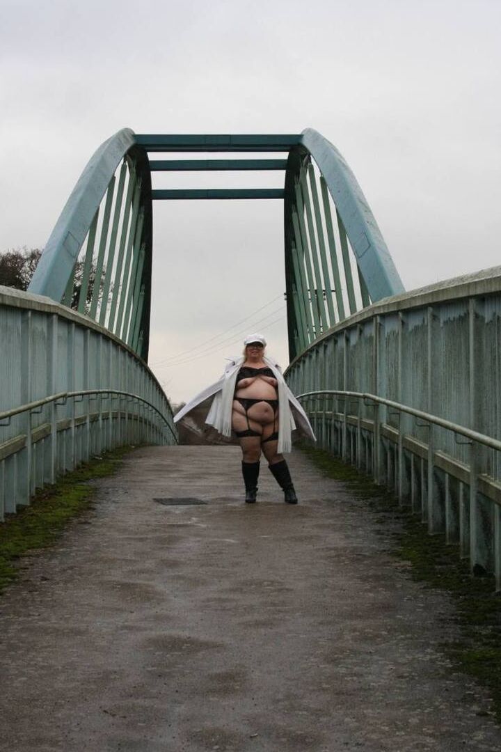 16P Fat British woman Lexie Cummings exposes herself on a pedestrian bridge