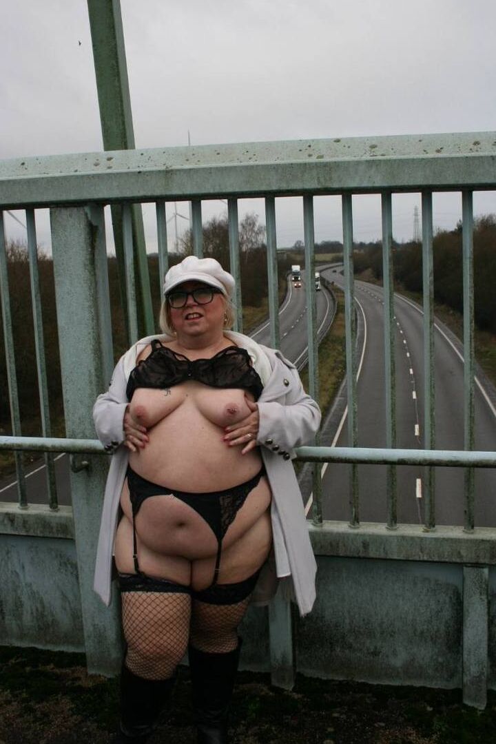 16P Fat British woman Lexie Cummings exposes herself on a pedestrian bridge