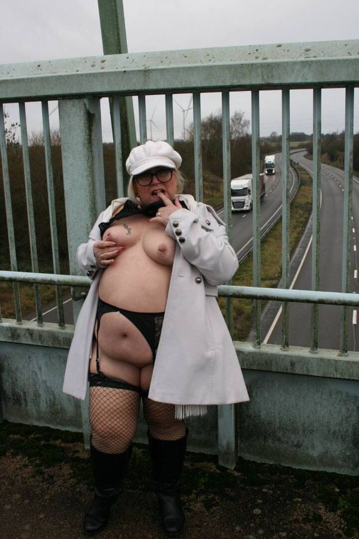 16P Fat British woman Lexie Cummings exposes herself on a pedestrian bridge