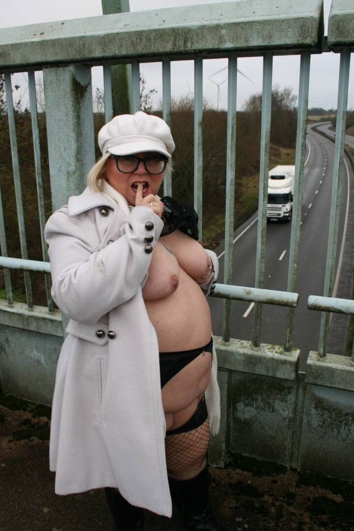 16P Fat British woman Lexie Cummings exposes herself on a pedestrian bridge