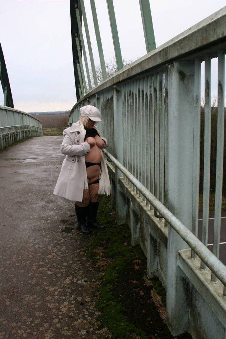 16P Fat British woman Lexie Cummings exposes herself on a pedestrian bridge