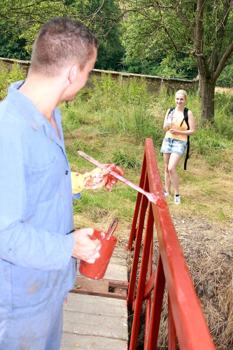 17P Busty teen Darina gives a cute local guy a BJ on the bridge and fucks him