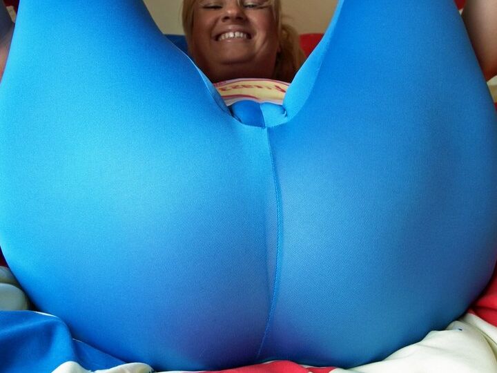 16P Older lady Daniella English slides her spandex pants over her big butt
