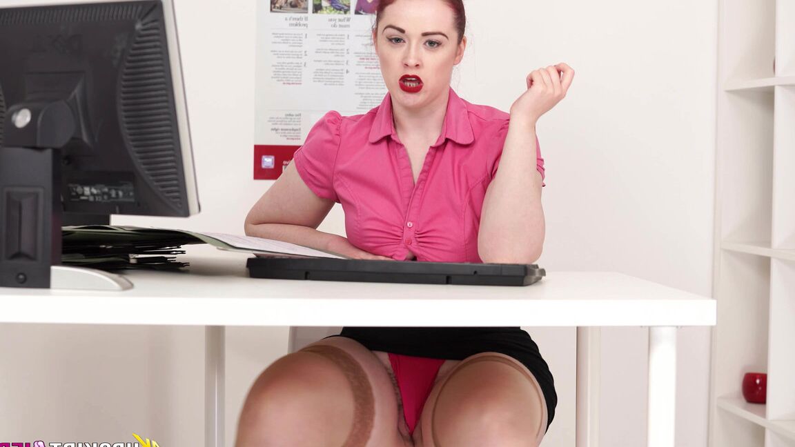 13P Pale redhead exposes her thong during upskirt action under a table