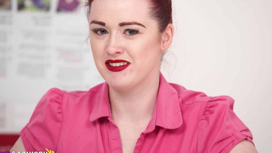 13P Pale redhead exposes her thong during upskirt action under a table