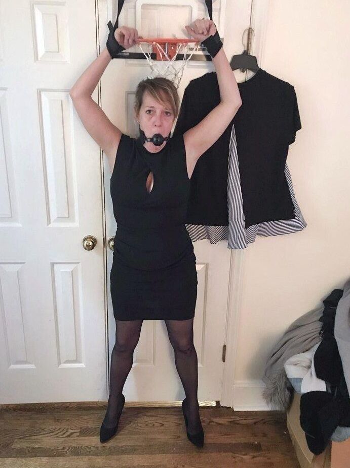 16P Mature lady Meyer is fitted with a ball gag and nipple clamps while restrained