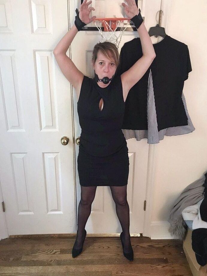 16P Mature lady Meyer is fitted with a ball gag and nipple clamps while restrained
