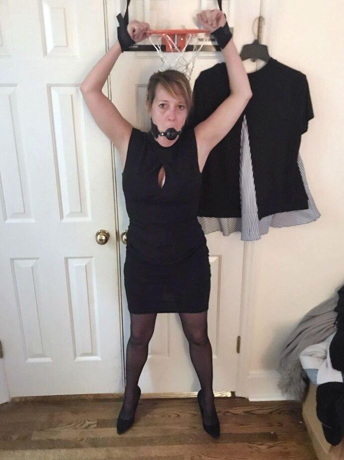 16P Mature lady Meyer is fitted with a ball gag and nipple clamps while restrained
